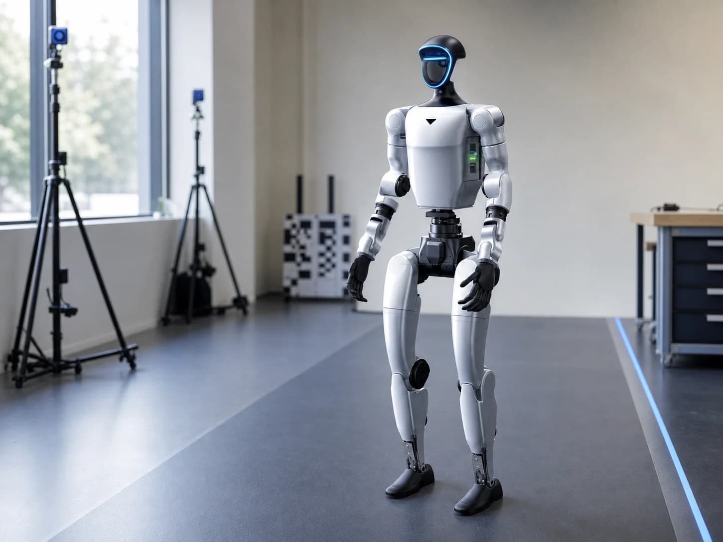 Персонализирана визуализация на Unitree G1 в лаборатория за embodied AI.